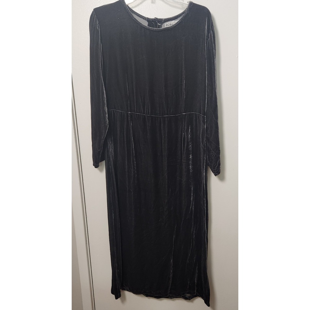 Kiko Charcoal Grey Velvet Midi Dress Oyster Buttons Long Sleeve Size 8 Silk‎ Vtg